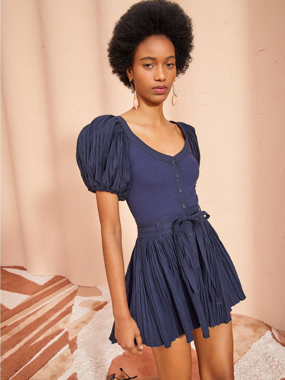 Ulla Johnson Navy Puff-Sleeve Tie-Waist Romper